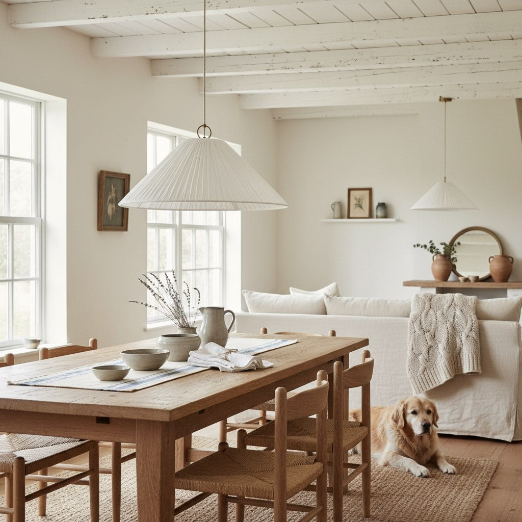 Lindi - Aged Brass and Linen Oversized Scalloped Pendant Light