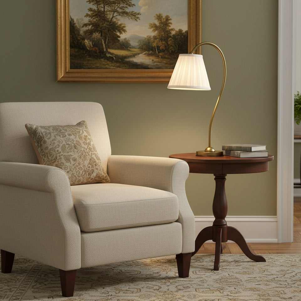 Lampe de table en lin Luvora - Lampe de chevet vintage avec abat-jour plissé en laiton