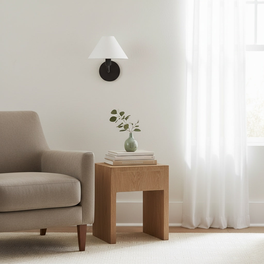 Diora Modern Brass Wall Sconce - Tapered Linen Shade Lamp for Bedroom