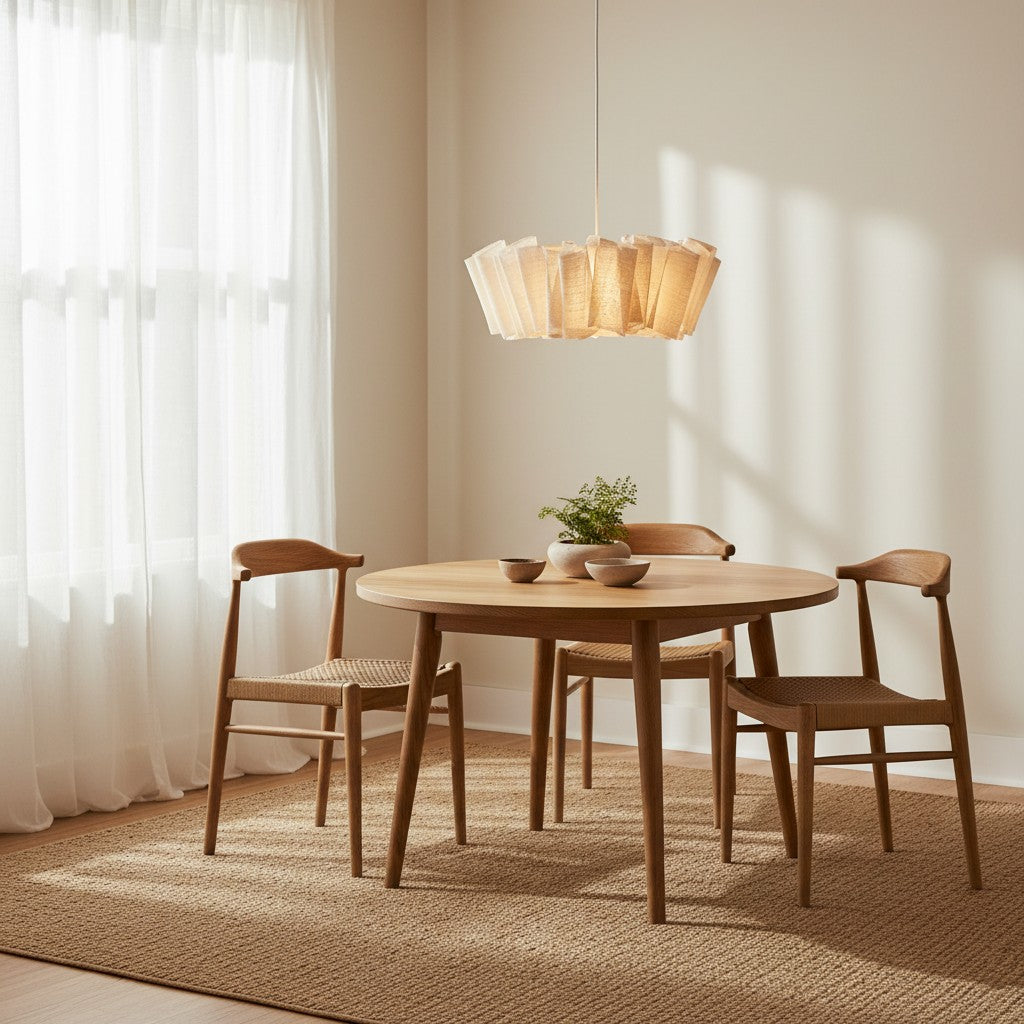 Pleated Linen Pendant Light - Natural Fabric Shade for Dining Room