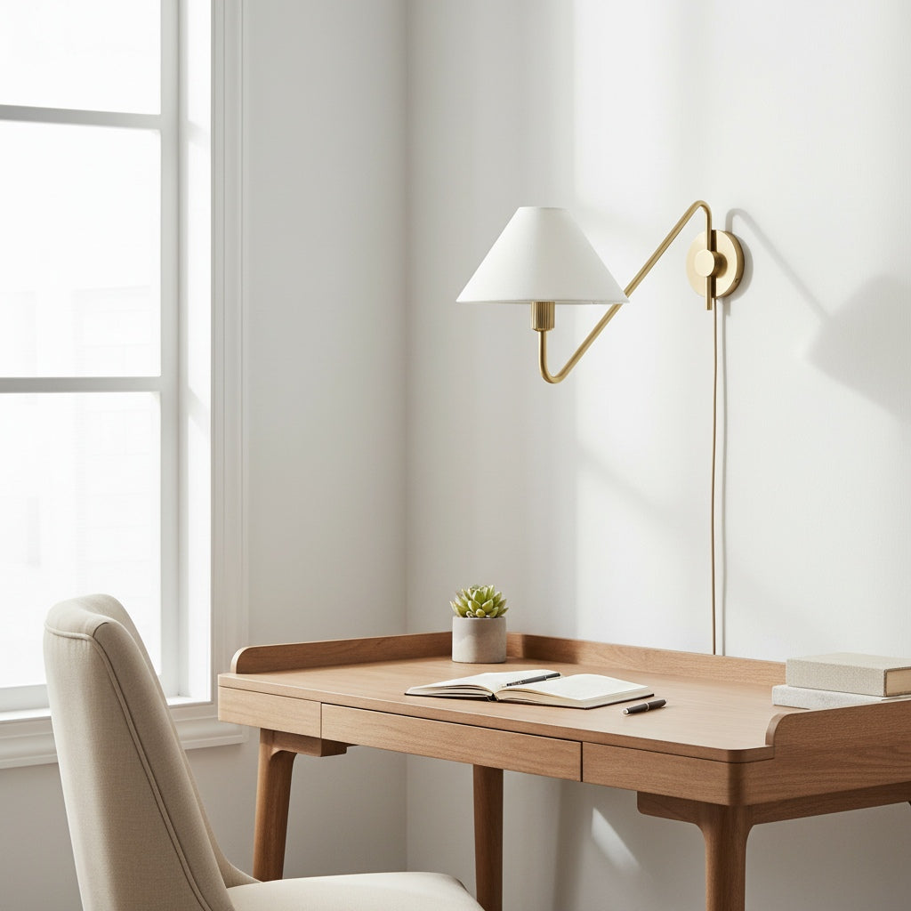 Diora Champagne Bronze Sconce - Plug-In Adjustable Arm Linen Bedside Lamp