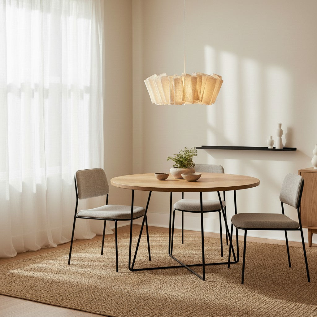 Pleated Linen Pendant Light - Natural Fabric Shade for Dining Room