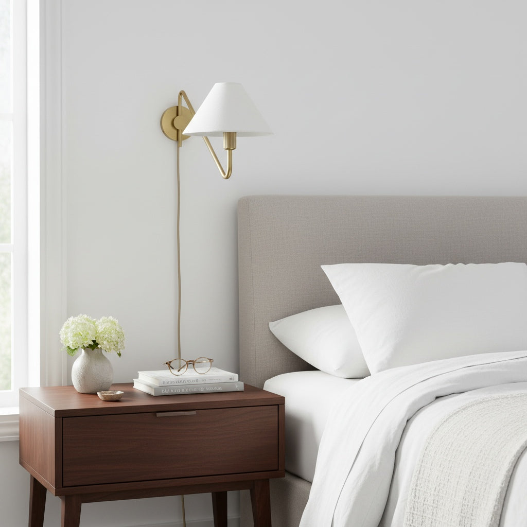 Diora Champagne Bronze Sconce - Plug-In Adjustable Arm Linen Bedside Lamp