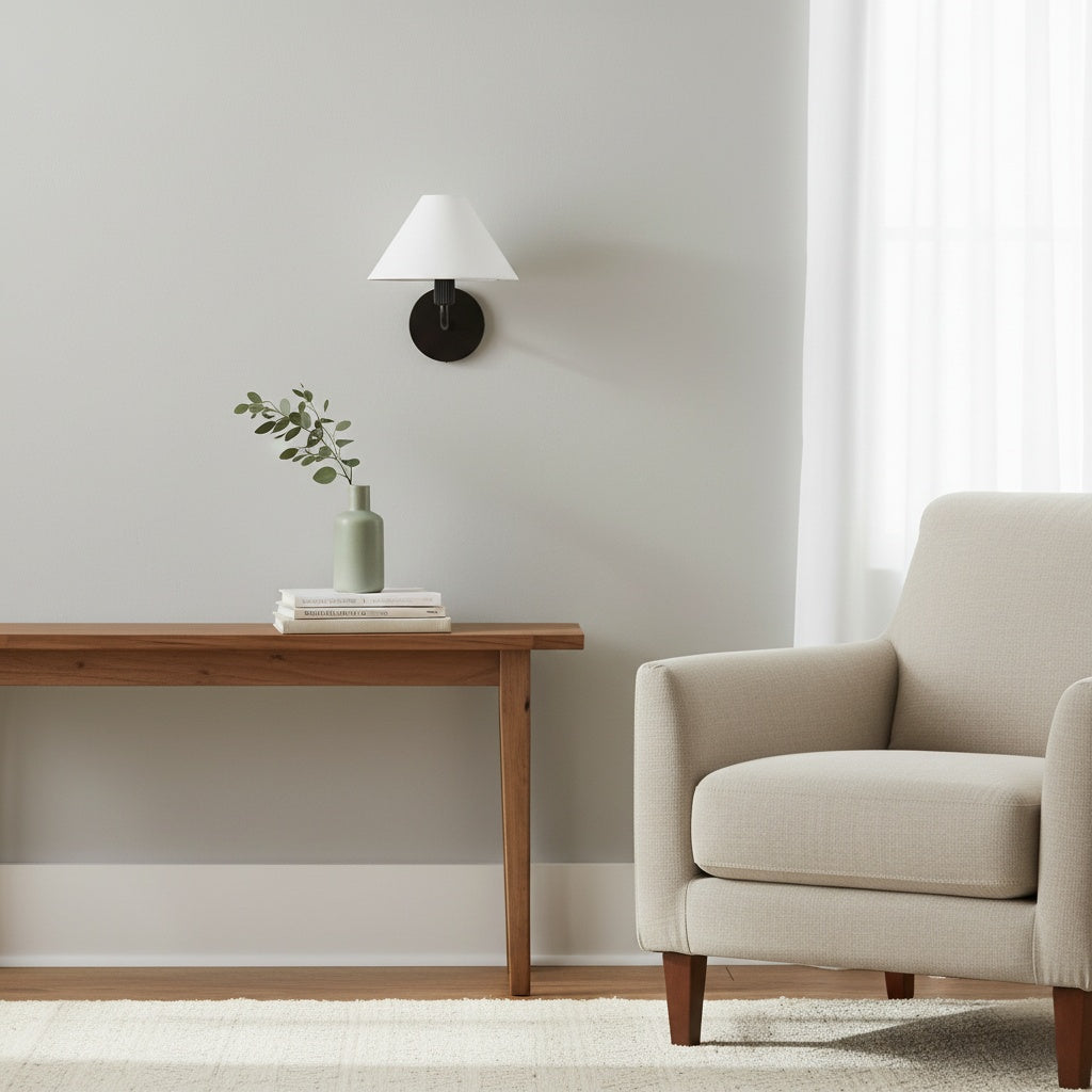 Diora Modern Brass Wall Sconce - Tapered Linen Shade Lamp for Bedroom