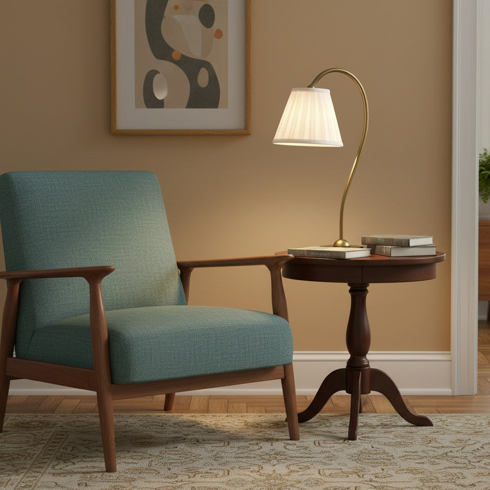 Lampe de table en lin Luvora - Lampe de chevet vintage avec abat-jour plissé en laiton