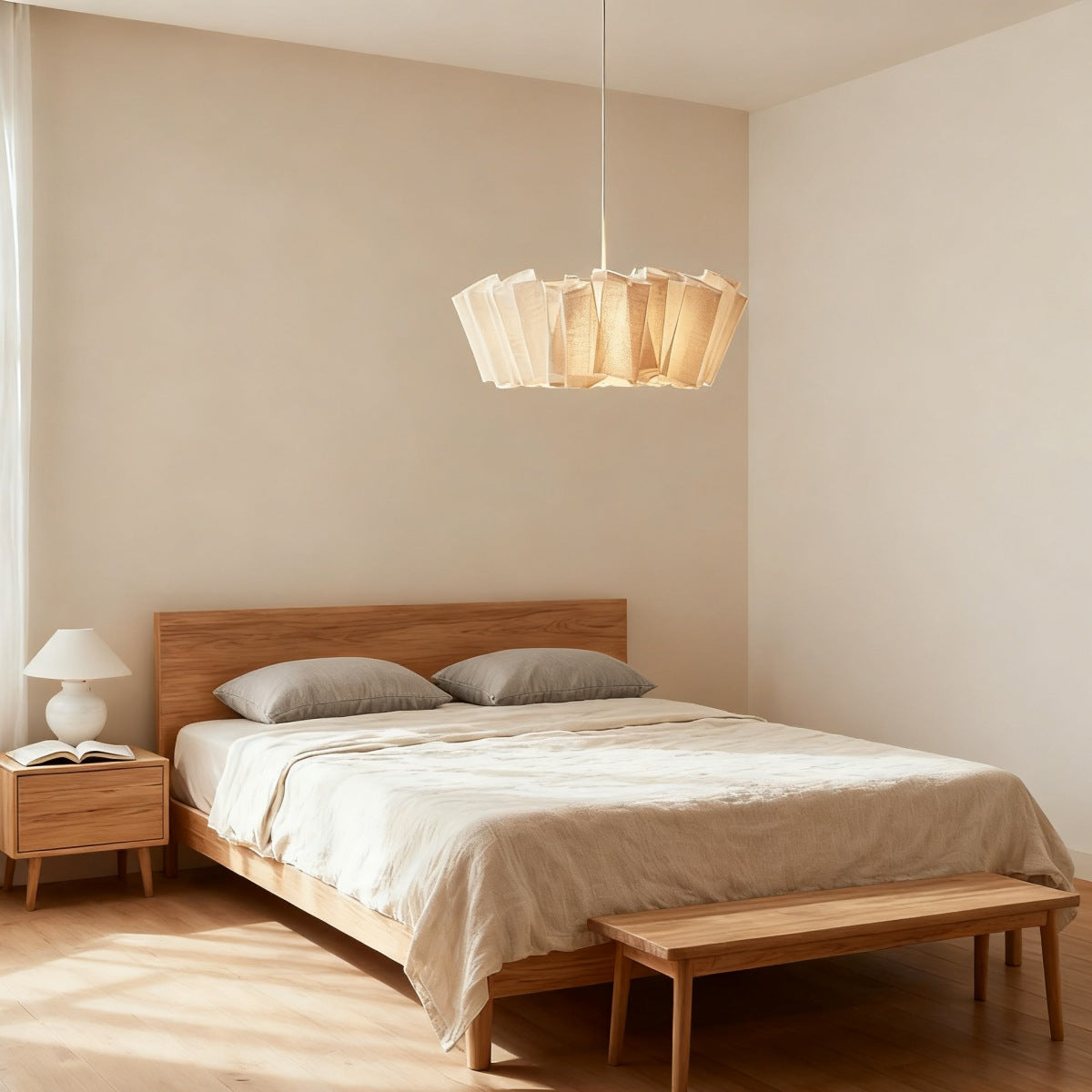 Pleated Linen Pendant Light - Natural Fabric Shade for Dining Room