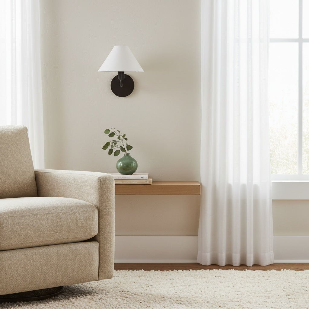 Diora Modern Brass Wall Sconce - Tapered Linen Shade Lamp for Bedroom