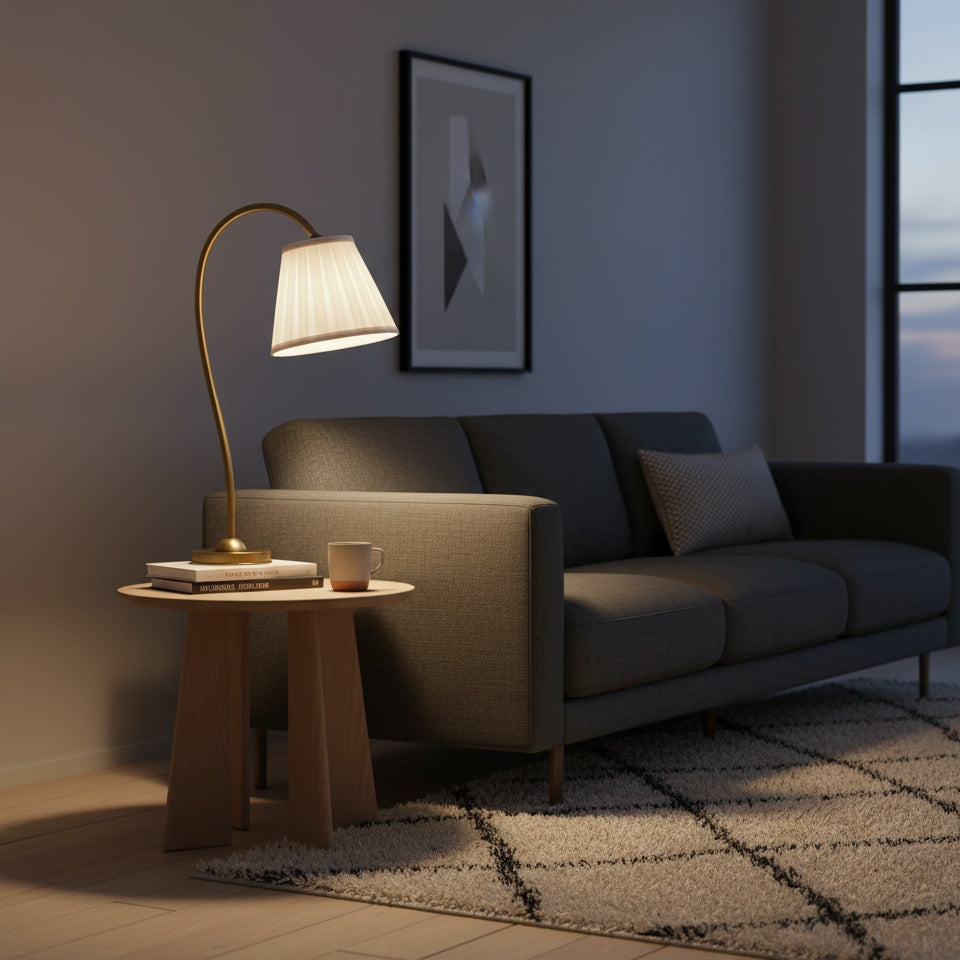 Lampe de table en lin Luvora - Lampe de chevet vintage avec abat-jour plissé en laiton