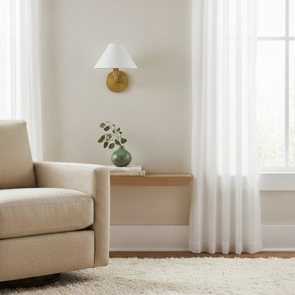 Diora Modern Brass Wall Sconce - Tapered Linen Shade Lamp for Bedroom