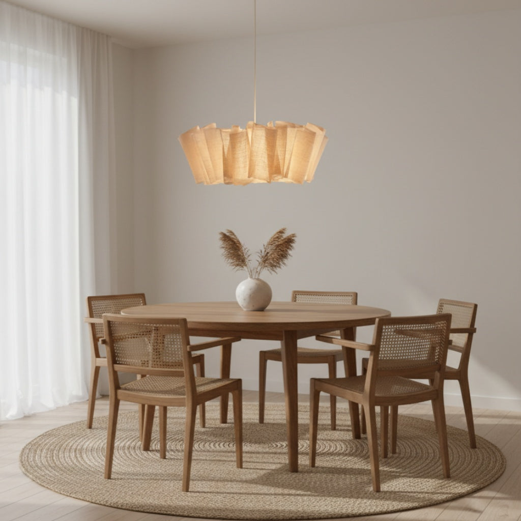 Pleated Linen Pendant Light - Natural Fabric Shade for Dining Room